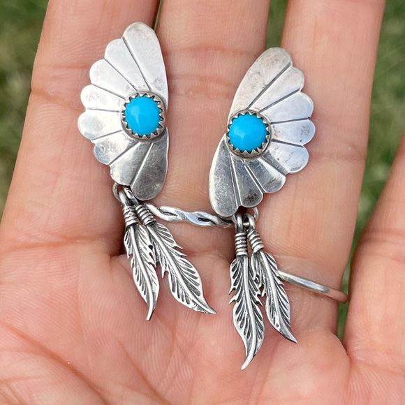 Vintage Native American 925 sterling silver handmade fan feather turquoise